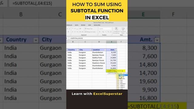 The SUBTOTAL function in Excel