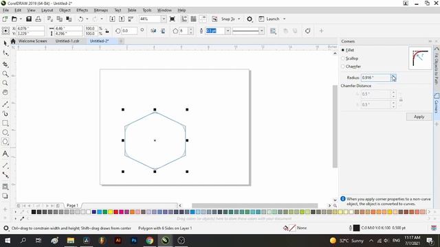 Corel Draw 2019 fillet/scallop/chamfer tool using