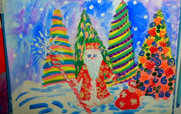 Как нарисовать Деда Мороза и цветные ёлки.