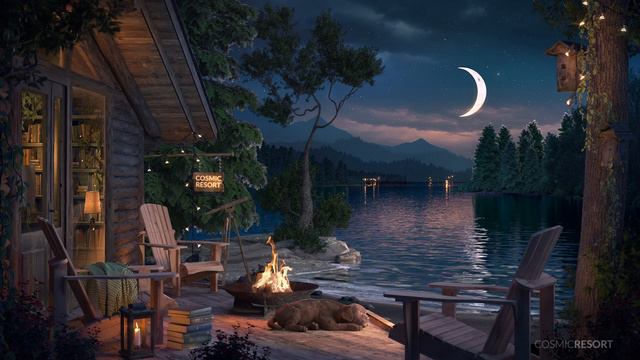 Lake House Ambience sound of fire pit and Nature on a summer night   for Relaxation and Studying