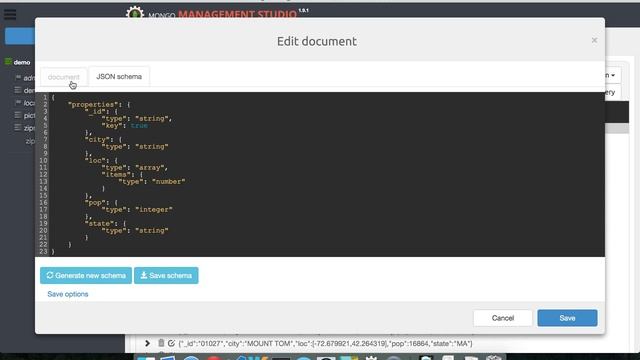 Save document with validation in Mongo Management Studio