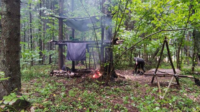 HEAVY RAIN solo camping, no tent, caught in a storm,  wild adventure, bushcraft shelter. ASMR, 4K.