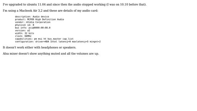 Ubuntu: Audio not working Macbook Air 3,2 Nvidia MCP89