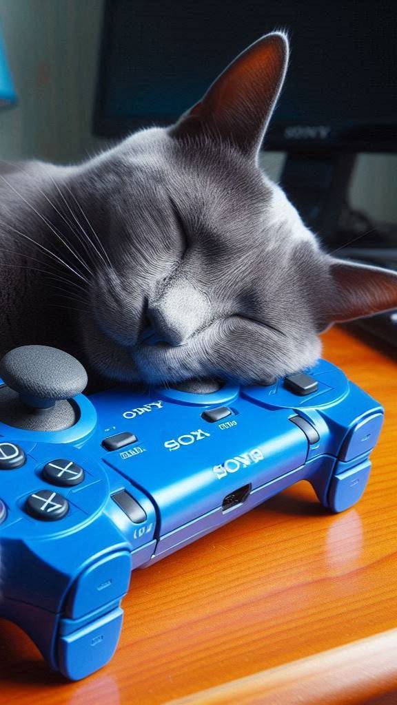 Геймер на отдыхе: Русская голубая кошка и её любимый джойстик