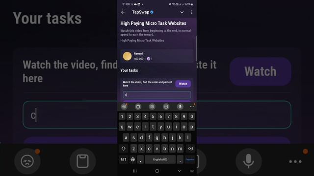 Tap Swap Код сегодня 13-14 Августа High Paying Micro Task Websites ТАП СВАП Новый код в Видео
