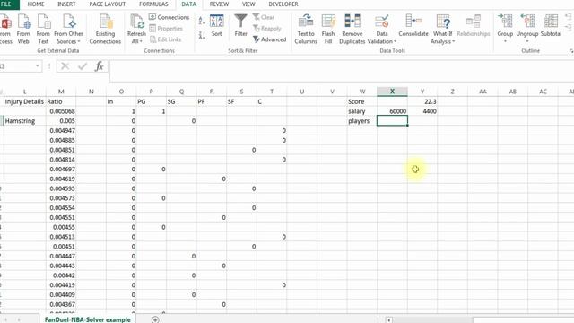 Using Solver in Excel for NBA Basketball Optimal Lineup for Daily Fantasy