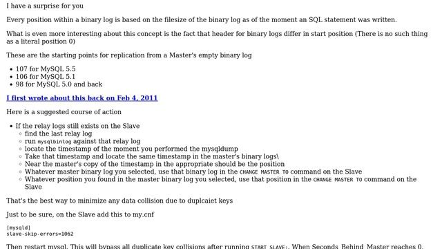 Databases: Using an older MySQL binlog filename with position zero? Risks? Downsides?