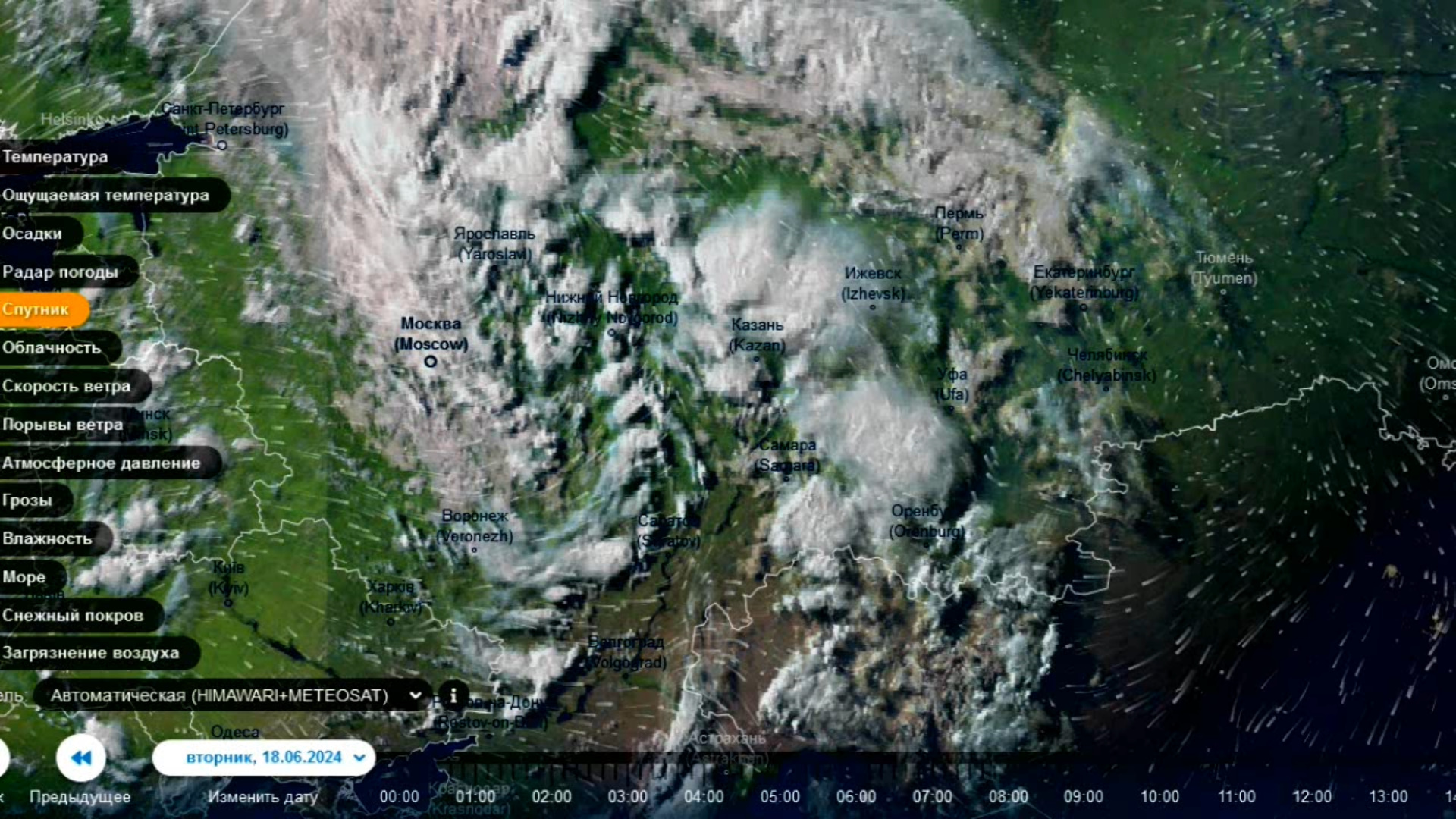 Взрывная конвекция над Поволжьем и Южным Уралом. Вид со спутника 18.06.2024