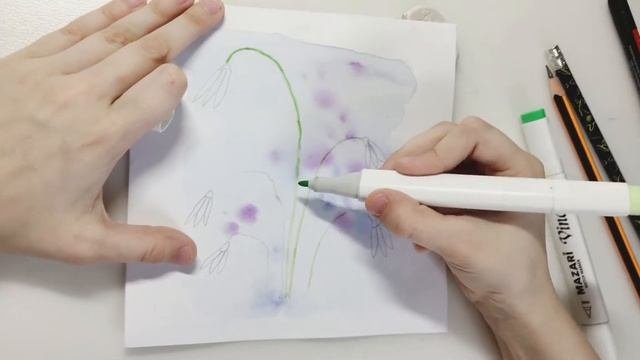 Рисуем подснежники с детьми. Акварель и фломастеры - очень просто подснежники рисоватьлегко