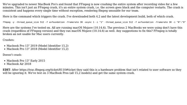 FFMpeg 4.2 MacBook Pro 2018/19 consistent hard system crashing