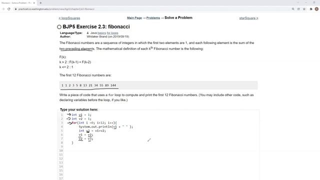 Exercise 2.3 (fibonacci) Java Tutorial || Practice-It