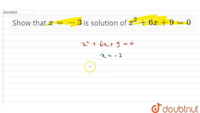 Show thatx=-3 is solution of x^2+6x+9=0 | 10 | QUADRATIC EQUATIONS | MATHS | RD SHARMA ENGLISH |...