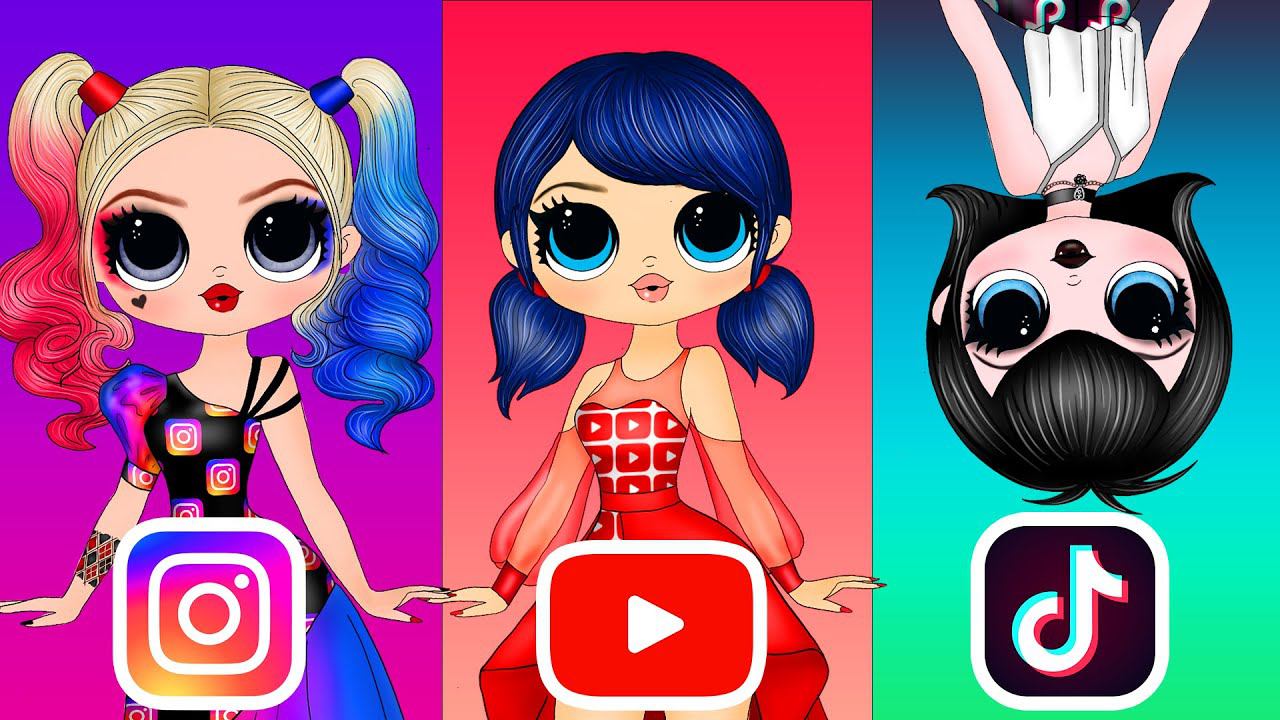 Леди Баг, Харли Квинн, Мэвис в стиле Социальных Сетей - Бумажные Куклы и Сюрпризы