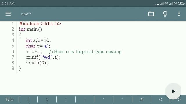 Write a program for show Implicit type casting char to int
