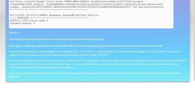 Invalid header field value in Go ONLY on kubernetes/CoreOS