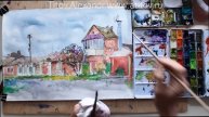 Уроки рисования 10. Рисуем дом из Таганрога часть 5 . Как рисовать пейзаж и выбрать колорит картины