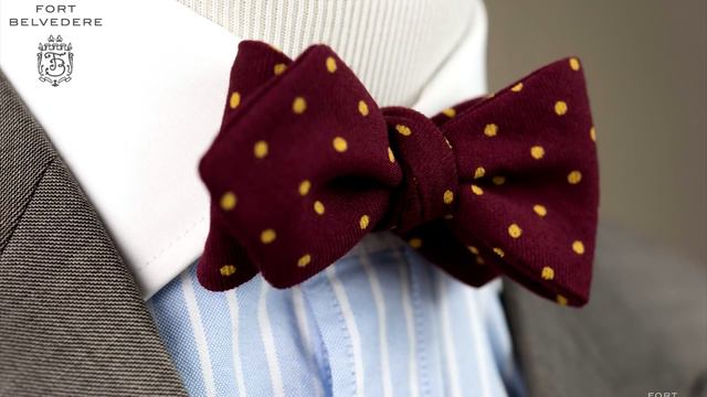 Wool Challis Bow Tie in Burgundy Red with Yellow Polka Dots And Pointed Ends - Fort Belvedere