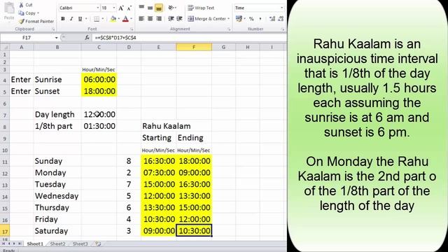 Rahu Kaalam Calculator using Microsoft Excel