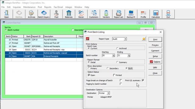 Adagio BankRec - Batch Listing Report