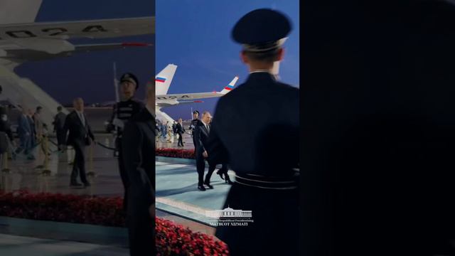 Пресс-служба президента Узбекистана распространила кадры прибытия Владимира Путина в Ташкент.