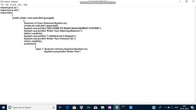 PROGRAM FOR BANK MANAGEMENT SYSTEM(WITHDRAWAL AND DEPOSIT) USING SWITCH-CASE