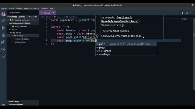 Automação de navegador web  usando puppeteer com nodejs