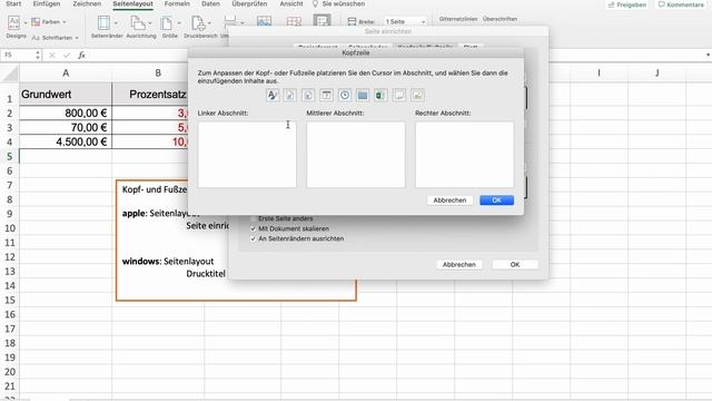 Kopf- und Fußzeile in Excel