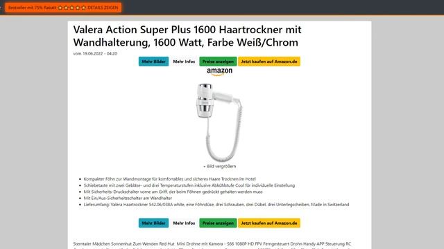 ᐅ Valera Action Super Plus 1600 Haartrockner mit Wandhalterung, 1600 Watt, Farbe Weiß/Chrom