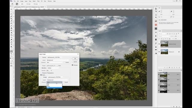 Efficient Photoshop: Darken Skies via Channel Blending (Apply image)