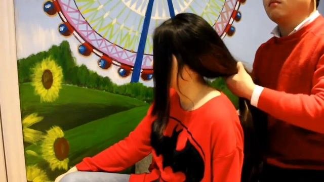 Business man enjoy playing young gorgeous woman with natural silky hair
