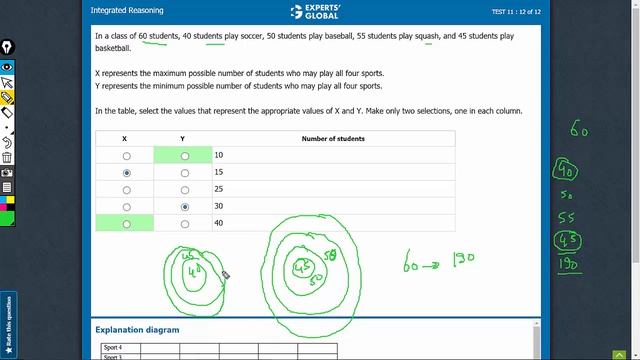 In a class of 60 students, 40 students play soccer, 50 students play baseball, 55 students play...