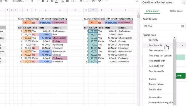 Automatically colour in Google Sheets based on criteria/table design