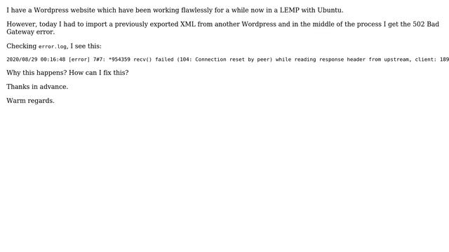 DevOps & SysAdmins: Wordpress import process ends in 502 Bad Gateway error