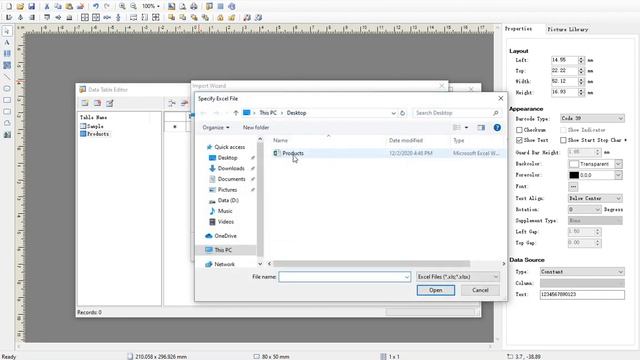 Import data from Excel file to the barcode label software