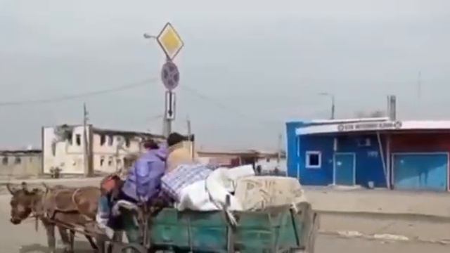 Мариуполь люди уезжают на гужевой повозке подальше от руSSкого мира