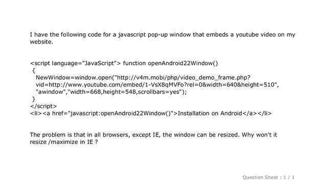 HTML : Javascript new window for video not resizing in IE