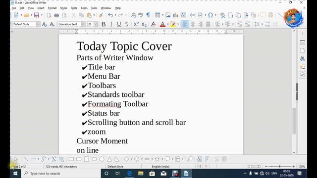 Level 1 Libre Office Writer II NSQF II LibreOffice Window parts and Cursor Movement part 2