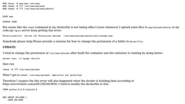 How to change permission of a folder to 777 in Dockerfile?