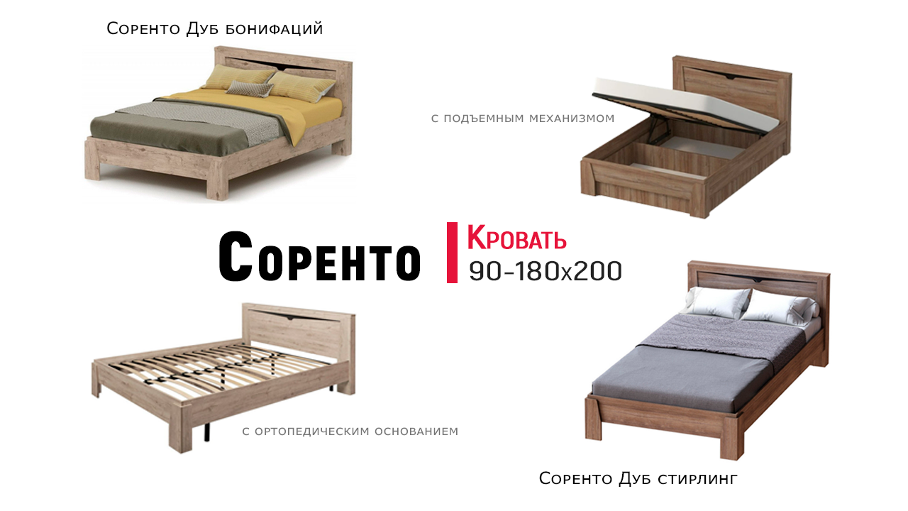 Кровать Соренто от МебельГрад. Каркас / с основанием / с подъемным механизмом. Обзор
