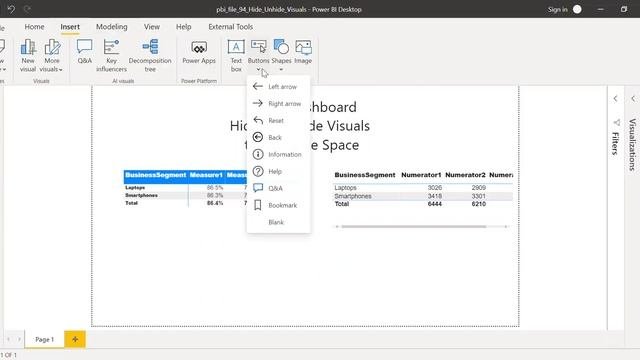 Power BI Hide and Unhide Visuals  Using Buttons to Hide and Unhide Visuals Optimize Space in PBI
