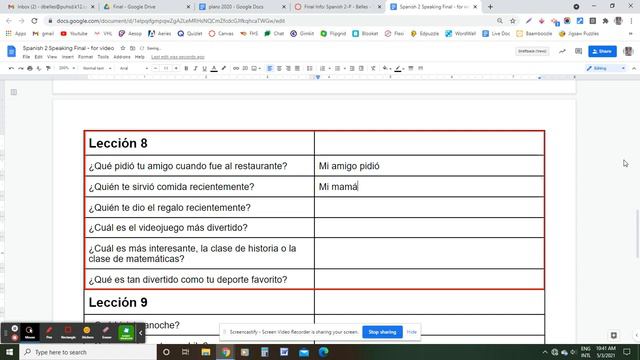 Spanish 2 Speaking Final Spring 2021