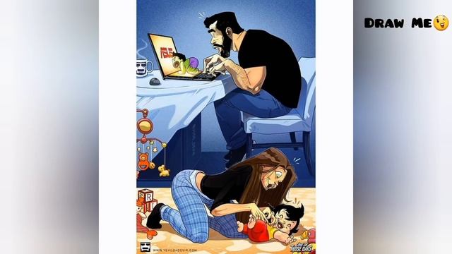 The artist illustrates his life with his wife and child