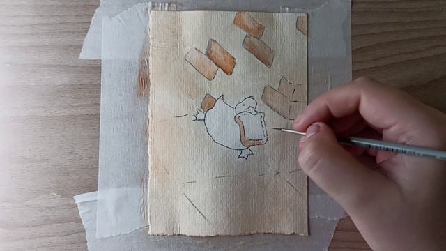 Утка с хлебом / Рисунок акварелью
