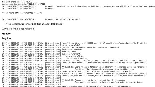 Databases: Mongodb - Error after turning fork mode on