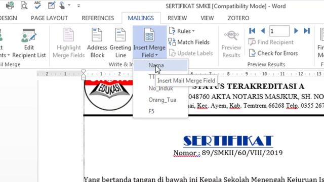 Cara Membuat Mail Merge dari Excel ke Word 2013 (Sertifikat Masal)