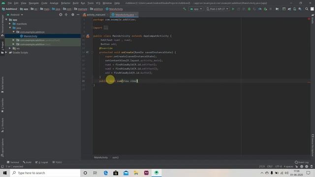 Lecture 2 : Addition of Two Numbers In Android Studio