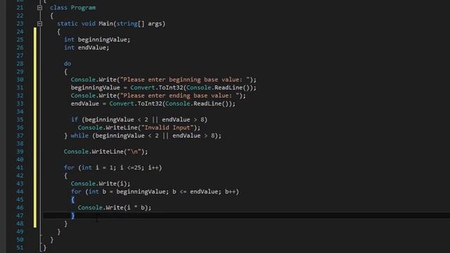 C# How to Program: Multiplication Table using C# Nested Loops, Do-While loops, and if Statements.
