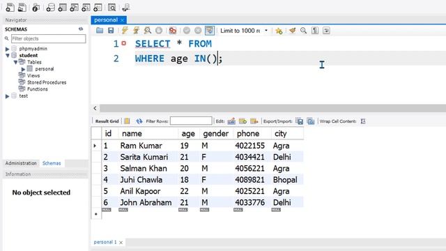 MySQL IN Operator Tutorial in Hindi / Urdu