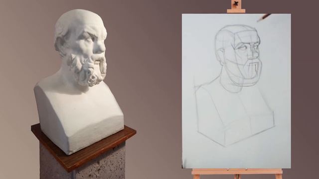 Длительный рисунок гипсового слепка античной головы. Конструктивное  построение