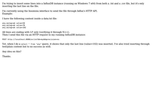 Databases: InfluxDB batch insert only inserts the last line